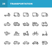 Transportation Line Icons. Editable Stroke. Pixel Perfect. For Mobile and Web. Contains such icons as Truck, Car, Vehicle, Shipping, Sailboat, Plane, Motorbike, Bicycle.