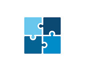 Trendy flat corporate blue puzzle icon. Vector illustration of four puzzle matching pieces for concepts of games, toys, business and start up strategies and solutions