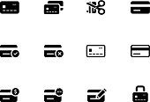 Twelve black and white cartoon graphics of credit card icons
