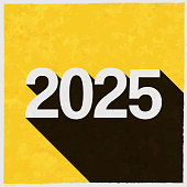 2025 - Two thousand twenty-five. Icon with long shadow on textured yellow background
