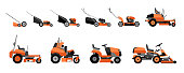 Various types of lawn mowers isolated on white background.