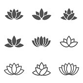 Vector black lotus icons set on white background.