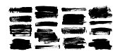 Vector black paint, rectangular ink brush stroke and shapes set. Dirty grunge design element, box or background for text.