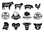 Vector butchery labels and farm animals icons