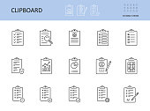 Vector clipboard icon. Editable stroke. To-do list, check sheet and pencil pen. Icons registration form, test questionnaire survey. Checklist with gears magnifier graph chart, data protection privacy