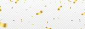 Vector confetti. Gold confetti falls from the sky. Glittering confetti on a transparent background. Holiday, birthday.