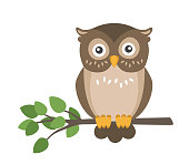 Vector flat cute brown owl sitting on branch isolated on white background