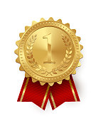 Vector gold medal with red ribbons isolated on white background.