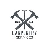 Vector illustration of a hammer, nail and text carpentry services on a white background.