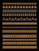 Vector illustration set of antique greek borders and seamless ornaments in golden color on black background in flat style. Greece concept elements.