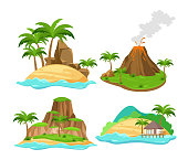 Vector illustration set of different scenes of tropical islands with palm trees and mountains, volcano isolated on white background in flat cartoon style.