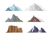 Vector illustration set of mountain icons in flat cartoon style. Different mountains and hills collection isolated on white background.