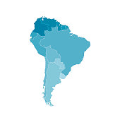 Vector illustration with map of South America continent. Blue silhouettes