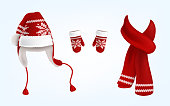 3D vector knitted santa hat, mittens and scarf