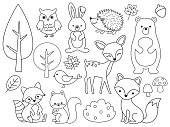 Vector line set of Woodland Animals Outline for Coloring