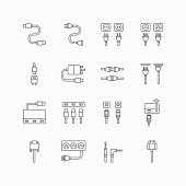 vector linear web icons set - cable wire computer plug