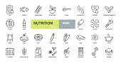 Vector nutrition icons. Editable Stroke. Nutrients in food, diet, weight loss, balance. Protein, carbohydrate, fiber, trans fat, vitamins, sugar, sodium, calcium, cholesterol, gluten, lactose