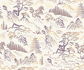 Vector seamless pattern of hand drawn sketches in Japanese and Chinese nature ink illustration sumi-e tradition. Textured fir pine tree, pagoda temple, mountain, river, pond, rock on a beige background