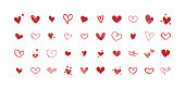 Vector set of different red hearts. Collection of hand-drawn hearts. Design on white background.