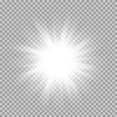 Vector set of glowing light bursts with sparkles on transparent