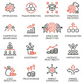 Vector Set of Linear Icons Related to Crisis Management and Consolidation. Mono line pictograms and infographics design elements