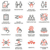 Vector set of linear icons related to engagement employee. Mono line pictograms and infographics design elements