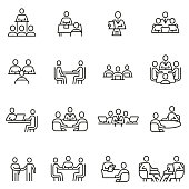 Vector set of linear icons related to team, discussion, meeting and interview. Mono line pictograms and infographics design elements