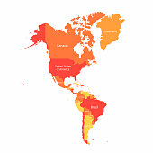 Vector South America and North America map with countries borders. Abstract red and yellow American countries on map