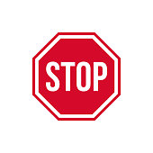 Vector warning stop sign icon. Caution Stop sign sticker in red rhombus and text stop. Stop sign sticker illustration in flat minimalism style.