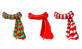 vector winter red scarf collection isolated on white background. illustration of red, green white striped scarves. christmas or holiday wool muffler icon set - winter warming clothes in cartoon style