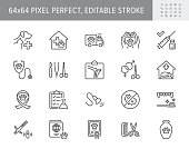Veterinary line icons. Vector illustration include icon - stethoscope, grooming, , xray, ultrasound, vaccination, sterilization outline pictogram for vet clinic. 64x64 Pixel Perfect, Editable Stroke