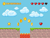 Video pixel game landscape with gold coins, white clouds and red hearts vector illustration