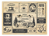 Vintage newspaper advertising. Newsprint labels with retro fonts, frames and old illustrations. Vector realistic press advertising