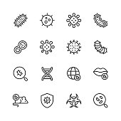 Virus and Bacteria Line Icons. Editable Stroke. Pixel Perfect. For Mobile and Web. Contains such icons as Bacterium, Infection, Disease, Virus, Cell, Flu, Research, Pandemia, Mouth.