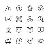 Warning and Danger Line Icons. Editable Stroke. Pixel Perfect. For Mobile and Web. Contains such icons as Warning Sign, Danger, Alert, Accident, Caution, Stop, Communication, Computer Virus, Hacker, Identity Thief, Biohazard, Protection, Error Message.