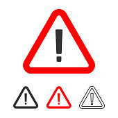 Warning Icon, Exclamation Point Sign in Red Triangle Flat Design.