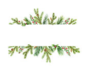Watercolor vector Christmas banner with green pine branches and place for text.