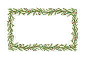 Watercolor vector Christmas frame with fir branches and place for text.