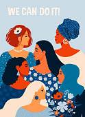 We can do it. Poster International Women's Day. Vector illustration with women different nationalities and cultures