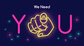 We need you human hand with the finger pointing or gesturing towards you in neon light style with text on dark purple background