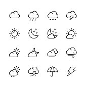 Weather Line Icons. Editable Stroke. Pixel Perfect. For Mobile and Web. Contains such icons as Weather, Sun, Cloud, Rain, Snow, Temperature, Climate, Moon, Wind.