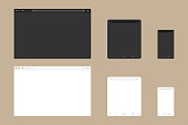 Web browser window mockup in light and dark modern flat design. Website page of computer with green lock and favorites icon. Desktop, tablet and mobile template of browser. Vector EPS 10.