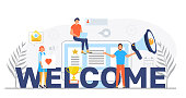 Welcome concept flat vector foe website. Happy tiny people are near huge text. Cartoon office teamwork and are greeting clients in online office, shop