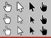 White arrow and pointer hand cursor icon set. Pixel and modern version of cursors signs. Symbols of direction and touch the links and press the buttons Isolated on gray background vector illustration.