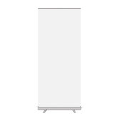 White blank roll-up banner stand, vector mockup. Vertical roller exhibition display. Template for design
