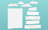 White torn note, notebook paper pieces for text, clouds with stars stuck on blue background. Vector illustration.