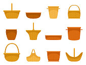 Wicker basket assortment flat set. Containers woven by hand for harvesting, storage, transportation.
