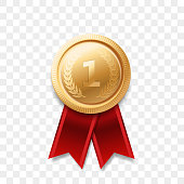 1 winner golden medal award with ribbon vector realistic icon isolated on transparent background. Number one 1st place or best victory champion prize award gold shiny medal badge