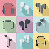 Wireless earbuds icons set, flat style