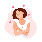 Woman hugging herself with hearts on white background. Love yourself. Love your body concept. Vector illustration.